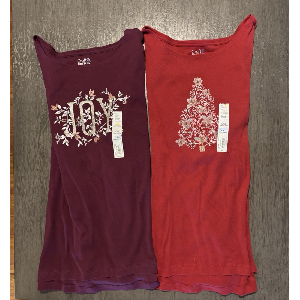 NWT Croft & Barrow Women's Set of Two Holiday Long Sleeve Classic Tee's Size XXL